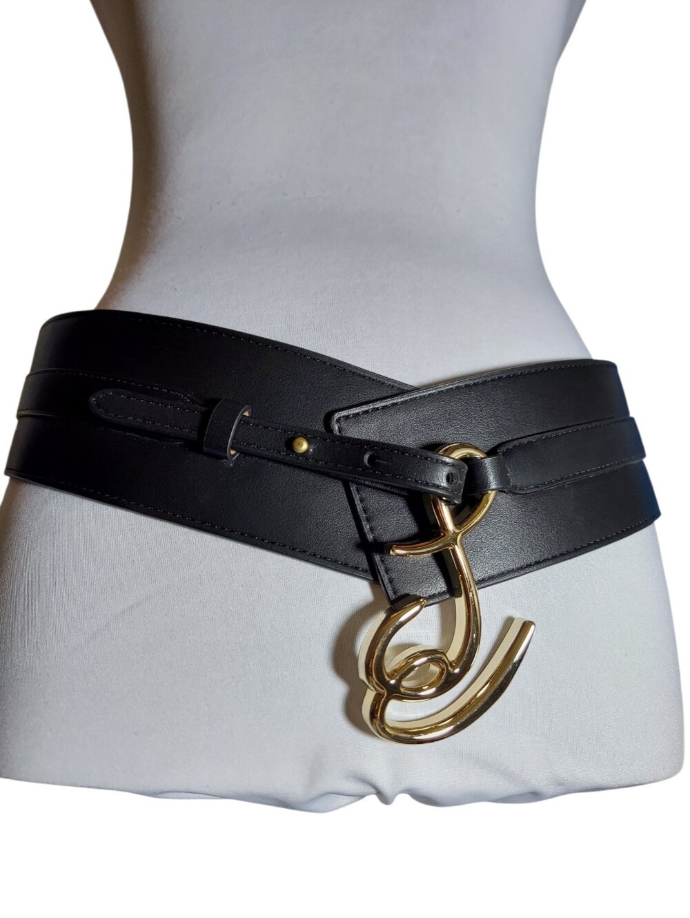 Sam Edelman Black Leather Wide Wrap Waist Belt Gold Logo Buckle Size S NWT